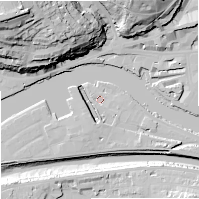 Shaded relief map of the ground around BS16GP, computed from Environment Agency LiDAR. The ground here sits at about 8 m above sea level and falls 68 m across the surrounding 800 m. Surface water reaching this point runs off ground lying to the east-south-east, 2.2 m higher.