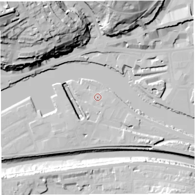 Shaded relief map of the ground around BS16GQ, computed from Environment Agency LiDAR. The ground here sits at about 9 m above sea level and falls 68 m across the surrounding 800 m. Surface water reaching this point runs off ground lying to the south-east, 1.5 m higher.