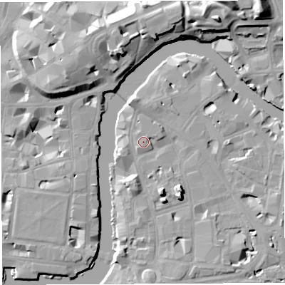 Shaded relief map of the ground around BS16GR, computed from Environment Agency LiDAR. The ground here sits at about 9 m above sea level and falls 19 m across the surrounding 800 m. Surface water reaching this point runs off ground lying to the north-east, 1.0 m higher.