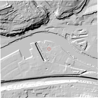 Shaded relief map of the ground around BS16GS, computed from Environment Agency LiDAR. The ground here sits at about 9 m above sea level and falls 68 m across the surrounding 800 m. Surface water reaching this point runs off ground lying to the south-east, 2.9 m higher.
