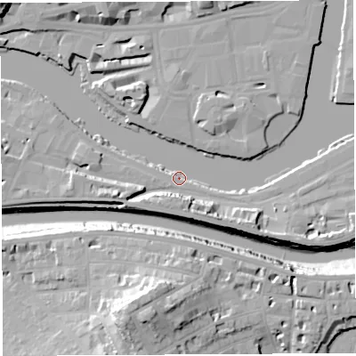 Shaded relief map of the ground around BS16GW, computed from Environment Agency LiDAR. The ground here sits at about 8 m above sea level and falls 28 m across the surrounding 800 m. Surface water reaching this point runs off ground lying to the south-east, 9.8 m higher.