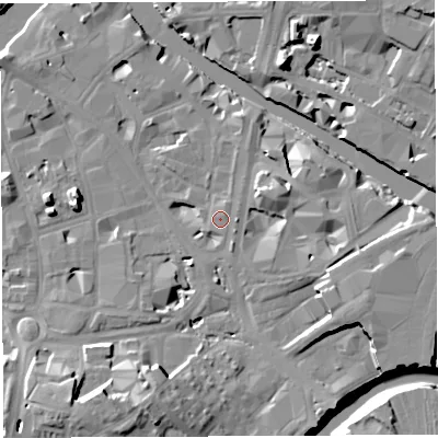 Shaded relief map of the ground around BS16HG, computed from Environment Agency LiDAR. The ground here sits at about 10 m above sea level and falls 18 m across the surrounding 800 m. Surface water reaching this point runs off ground lying to the east-north-east, 0.8 m higher.