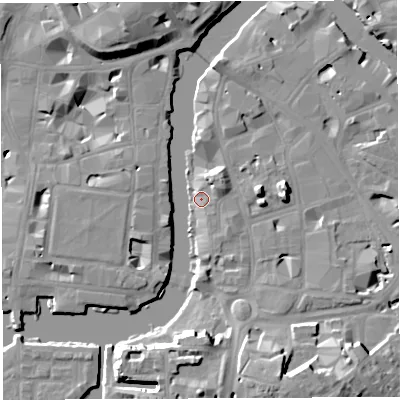 Shaded relief map of the ground around BS16HJ, computed from Environment Agency LiDAR. The ground here sits at about 8 m above sea level and falls 16 m across the surrounding 800 m. Surface water reaching this point runs off ground lying to the north-north-west, 13.0 m higher.