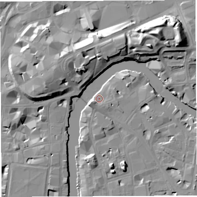 Shaded relief map of the ground around BS16HL, computed from Environment Agency LiDAR. The ground here sits at about 9 m above sea level and falls 19 m across the surrounding 800 m. Surface water reaching this point runs off ground lying to the west-south-west, 5.4 m higher.