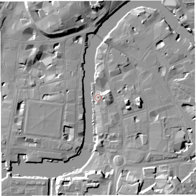 Shaded relief map of the ground around BS16HN, computed from Environment Agency LiDAR. The ground here sits at about 8 m above sea level and falls 15 m across the surrounding 800 m. Surface water reaching this point runs off ground lying to the east, 6.5 m higher.