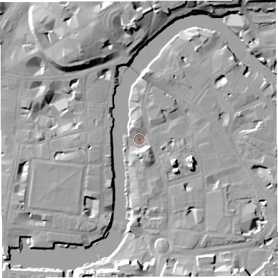 Shaded relief map of the ground around BS16HU, computed from Environment Agency LiDAR. The ground here sits at about 8 m above sea level and falls 15 m across the surrounding 800 m. Surface water reaching this point runs off ground lying to the south, 13.2 m higher.