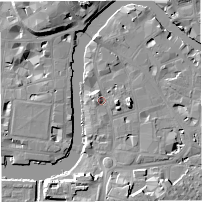Shaded relief map of the ground around BS16HW, computed from Environment Agency LiDAR. The ground here sits at about 10 m above sea level and falls 15 m across the surrounding 800 m. Surface water reaching this point runs off ground lying to the south, 14.0 m higher.