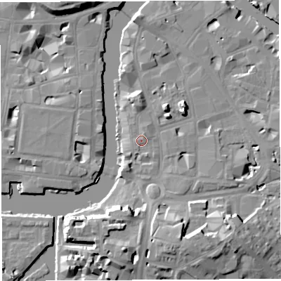 Shaded relief map of the ground around BS16HX, computed from Environment Agency LiDAR. The ground here sits at about 9 m above sea level and falls 16 m across the surrounding 800 m. Surface water reaching this point runs off ground lying to the north-north-east, 1.0 m higher.