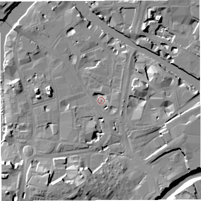 Shaded relief map of the ground around BS16HY, computed from Environment Agency LiDAR. The ground here sits at about 8 m above sea level and falls 19 m across the surrounding 800 m. Surface water reaching this point runs off ground lying to the east-south-east, 4.6 m higher.