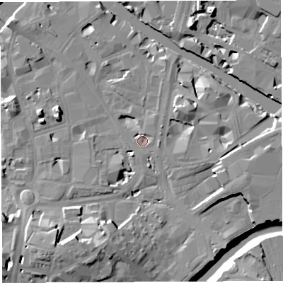Shaded relief map of the ground around BS16HZ, computed from Environment Agency LiDAR. The ground here sits at about 9 m above sea level and falls 18 m across the surrounding 800 m. Surface water reaching this point runs off ground lying to the east, 1.7 m higher.