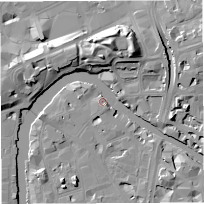 Shaded relief map of the ground around BS16JF, computed from Environment Agency LiDAR. The ground here sits at about 9 m above sea level and falls 17 m across the surrounding 800 m. Surface water reaching this point runs off ground lying to the south-east, 4.8 m higher.