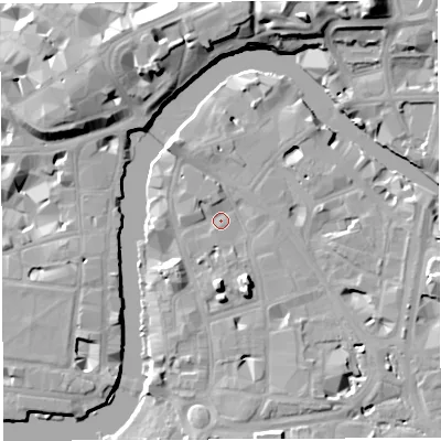 Shaded relief map of the ground around BS16JG, computed from Environment Agency LiDAR. The ground here sits at about 8 m above sea level and falls 18 m across the surrounding 800 m. Surface water reaching this point runs off ground lying to the north-north-west, 2.3 m higher.