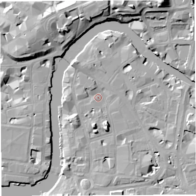 Shaded relief map of the ground around BS16JJ, computed from Environment Agency LiDAR. The ground here sits at about 8 m above sea level and falls 18 m across the surrounding 800 m. Surface water reaching this point runs off ground lying to the south, 1.5 m higher.