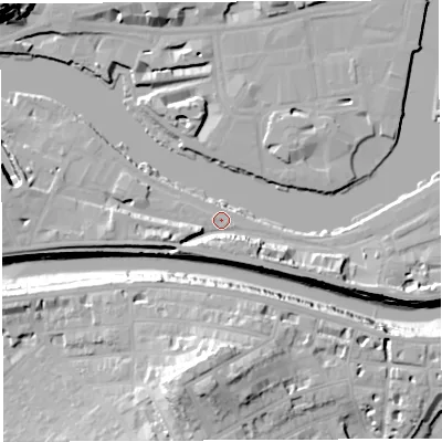 Shaded relief map of the ground around BS16JL, computed from Environment Agency LiDAR. The ground here sits at about 9 m above sea level and falls 31 m across the surrounding 800 m. Surface water reaching this point runs off ground lying to the east-south-east, 8.2 m higher.