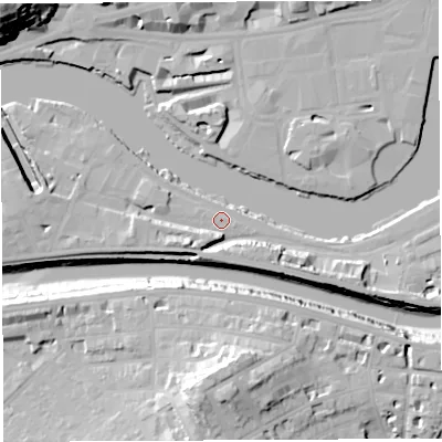 Shaded relief map of the ground around BS16JN, computed from Environment Agency LiDAR. The ground here sits at about 9 m above sea level and falls 39 m across the surrounding 800 m. Surface water reaching this point runs off ground lying to the south-west, 5.6 m higher.