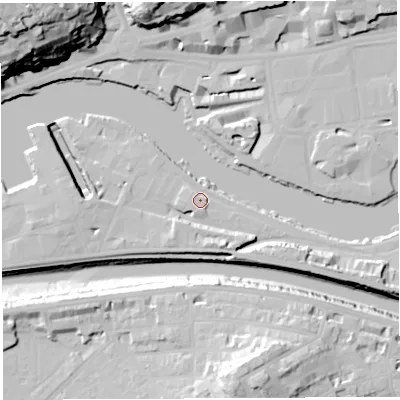 Shaded relief map of the ground around BS16JP, computed from Environment Agency LiDAR. The ground here sits at about 10 m above sea level and falls 53 m across the surrounding 800 m. Surface water reaching this point runs off ground lying to the south-south-east, 2.1 m higher.