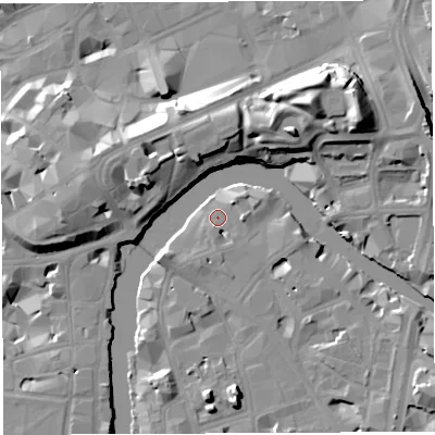 Shaded relief map of the ground around BS16JQ, computed from Environment Agency LiDAR. The ground here sits at about 8 m above sea level and falls 19 m across the surrounding 800 m. Surface water reaching this point runs off ground lying to the east, 3.6 m higher.