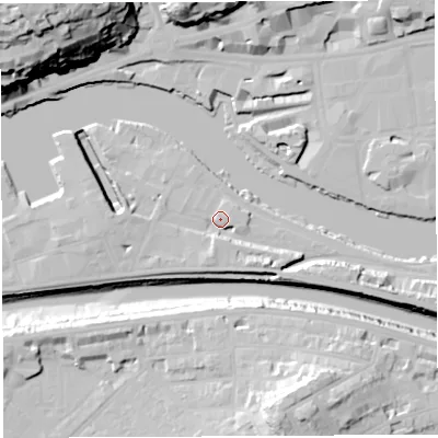 Shaded relief map of the ground around BS16JR, computed from Environment Agency LiDAR. The ground here sits at about 11 m above sea level and falls 53 m across the surrounding 800 m. Surface water reaching this point runs off ground lying to the south-east, 4.8 m higher.