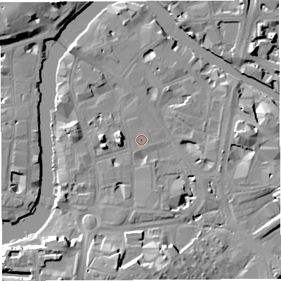 Shaded relief map of the ground around BS16JS, computed from Environment Agency LiDAR. The ground here sits at about 9 m above sea level and falls 15 m across the surrounding 800 m. Surface water reaching this point runs off ground lying to the south, 14.0 m higher.