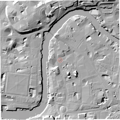 Shaded relief map of the ground around BS16JT, computed from Environment Agency LiDAR. The ground here sits at about 9 m above sea level and falls 16 m across the surrounding 800 m. Surface water reaching this point runs off ground lying to the north, 3.7 m higher.