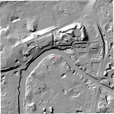 Shaded relief map of the ground around BS16JU, computed from Environment Agency LiDAR. The ground here sits at about 9 m above sea level and falls 17 m across the surrounding 800 m. Surface water reaching this point runs off ground lying to the south-east, 4.8 m higher.