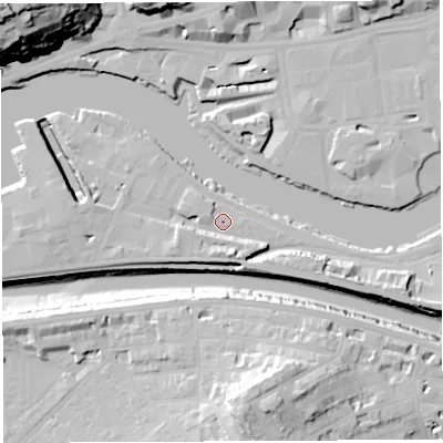 Shaded relief map of the ground around BS16JW, computed from Environment Agency LiDAR. The ground here sits at about 9 m above sea level and falls 52 m across the surrounding 800 m. Surface water reaching this point runs off ground lying to the south-south-east, 5.2 m higher.