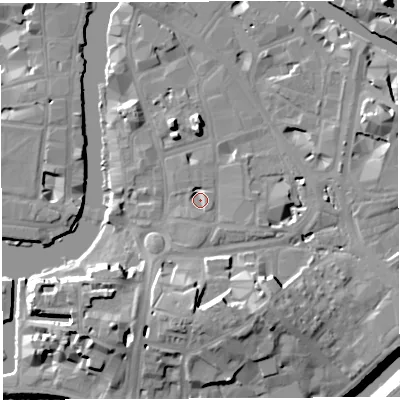 Shaded relief map of the ground around BS16JX, computed from Environment Agency LiDAR. The ground here sits at about 8 m above sea level and falls 19 m across the surrounding 800 m. Surface water reaching this point runs off ground lying to the south-south-west, 3.1 m higher.