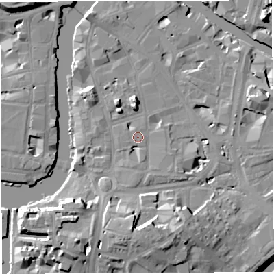 Shaded relief map of the ground around BS16JY, computed from Environment Agency LiDAR. The ground here sits at about 9 m above sea level and falls 19 m across the surrounding 800 m. Surface water reaching this point runs off ground lying to the south, 14.0 m higher.