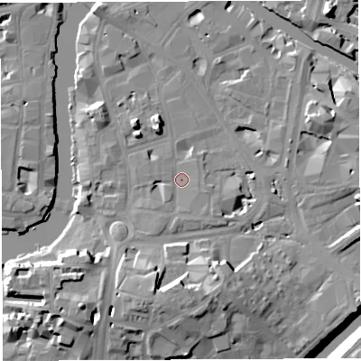 Shaded relief map of the ground around BS16JZ, computed from Environment Agency LiDAR. The ground here sits at about 9 m above sea level and falls 19 m across the surrounding 800 m. Surface water reaching this point runs off ground lying to the south-south-west, 3.7 m higher.