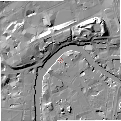 Shaded relief map of the ground around BS16LA, computed from Environment Agency LiDAR. The ground here sits at about 8 m above sea level and falls 19 m across the surrounding 800 m. Surface water reaching this point runs off ground lying to the east, 4.0 m higher.