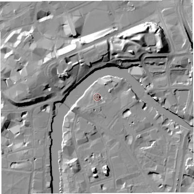 Shaded relief map of the ground around BS16LB, computed from Environment Agency LiDAR. The ground here sits at about 9 m above sea level and falls 19 m across the surrounding 800 m. Surface water reaching this point runs off ground lying to the east-north-east, 3.6 m higher.