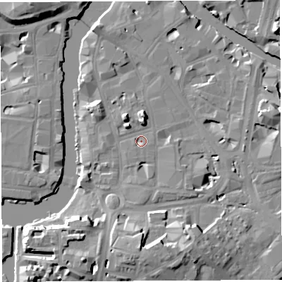 Shaded relief map of the ground around BS16LF, computed from Environment Agency LiDAR. The ground here sits at about 8 m above sea level and falls 16 m across the surrounding 800 m. Surface water reaching this point runs off ground lying to the south, 14.0 m higher.