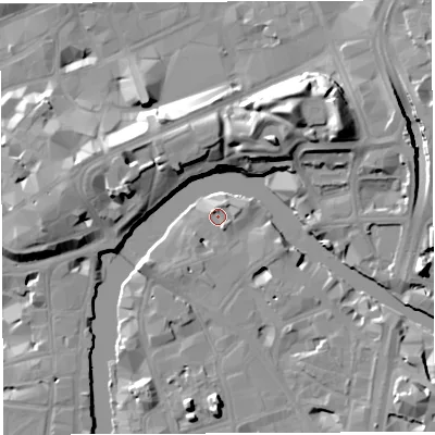 Shaded relief map of the ground around BS16LH, computed from Environment Agency LiDAR. The ground here sits at about 9 m above sea level and falls 18 m across the surrounding 800 m. Surface water reaching this point runs off ground lying to the east, 0.9 m higher.