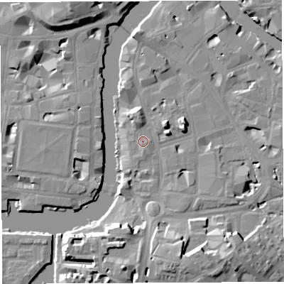 Shaded relief map of the ground around BS16LP, computed from Environment Agency LiDAR. The ground here sits at about 9 m above sea level and falls 16 m across the surrounding 800 m. Surface water reaching this point runs off ground lying to the south, 1.0 m higher.