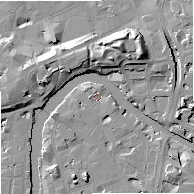 Shaded relief map of the ground around BS16LQ, computed from Environment Agency LiDAR. The ground here sits at about 9 m above sea level and falls 17 m across the surrounding 800 m. Surface water reaching this point runs off ground lying to the north-north-west, 1.6 m higher.