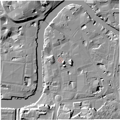 Shaded relief map of the ground around BS16LR, computed from Environment Agency LiDAR. The ground here sits at about 9 m above sea level and falls 15 m across the surrounding 800 m. Surface water reaching this point runs off ground lying to the south-south-west, 14.0 m higher.
