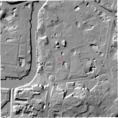 Shaded relief map of the ground around BS16LS, computed from Environment Agency LiDAR. The ground here sits at about 9 m above sea level and falls 17 m across the surrounding 800 m. The ground contributing surface water to this point lies to the south-south-west.