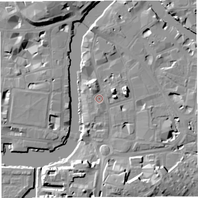 Shaded relief map of the ground around BS16LT, computed from Environment Agency LiDAR. The ground here sits at about 9 m above sea level and falls 16 m across the surrounding 800 m. Surface water reaching this point runs off ground lying to the south, 14.8 m higher.