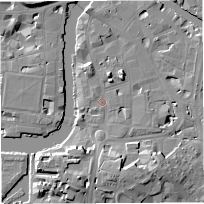 Shaded relief map of the ground around BS16LU, computed from Environment Agency LiDAR. The ground here sits at about 9 m above sea level and falls 16 m across the surrounding 800 m. Surface water reaching this point runs off ground lying to the south-south-west, 12.1 m higher.