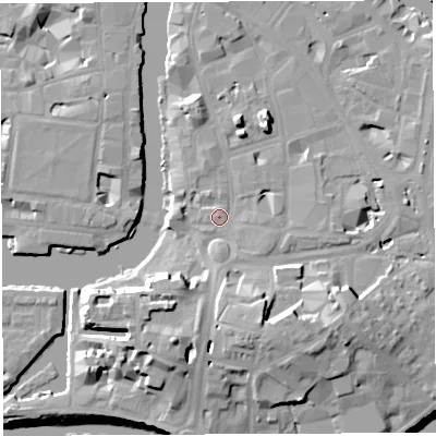 Shaded relief map of the ground around BS16LX, computed from Environment Agency LiDAR. The ground here sits at about 9 m above sea level and falls 20 m across the surrounding 800 m. Surface water reaching this point runs off ground lying to the south-south-west, 11.9 m higher.