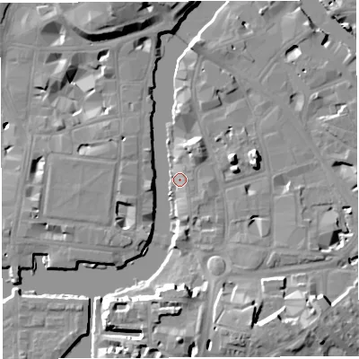 Shaded relief map of the ground around BS16LY, computed from Environment Agency LiDAR. The ground here sits at about 8 m above sea level and falls 16 m across the surrounding 800 m. Surface water reaching this point runs off ground lying to the north-north-west, 12.6 m higher.