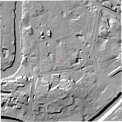 Shaded relief map of the ground around BS16NA, computed from Environment Agency LiDAR. The ground here sits at about 9 m above sea level and falls 20 m across the surrounding 800 m. Surface water reaching this point runs off ground lying to the north-east, 1.0 m higher.