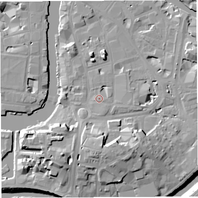 Shaded relief map of the ground around BS16NB, computed from Environment Agency LiDAR. The ground here sits at about 9 m above sea level and falls 20 m across the surrounding 800 m. Surface water reaching this point runs off ground lying to the south-south-west, 1.7 m higher.