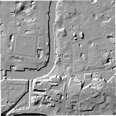 Shaded relief map of the ground around BS16NE, computed from Environment Agency LiDAR. The ground here sits at about 10 m above sea level and falls 19 m across the surrounding 800 m. Surface water reaching this point runs off ground lying to the south-east, 2.4 m higher.