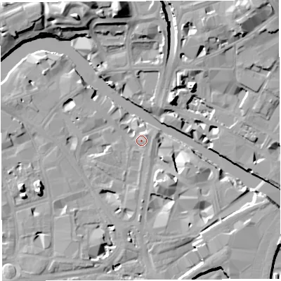 Shaded relief map of the ground around BS16NH, computed from Environment Agency LiDAR. The ground here sits at about 10 m above sea level and falls 17 m across the surrounding 800 m. Surface water reaching this point runs off ground lying to the north-east, 2.7 m higher.