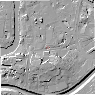 Shaded relief map of the ground around BS16NL, computed from Environment Agency LiDAR. The ground here sits at about 9 m above sea level and falls 20 m across the surrounding 800 m. Surface water reaching this point runs off ground lying to the south-south-west, 12.7 m higher.