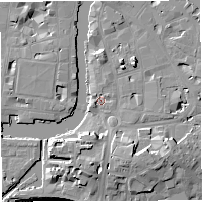 Shaded relief map of the ground around BS16NN, computed from Environment Agency LiDAR. The ground here sits at about 9 m above sea level and falls 19 m across the surrounding 800 m. Surface water reaching this point runs off ground lying to the west-south-west, 2.7 m higher.