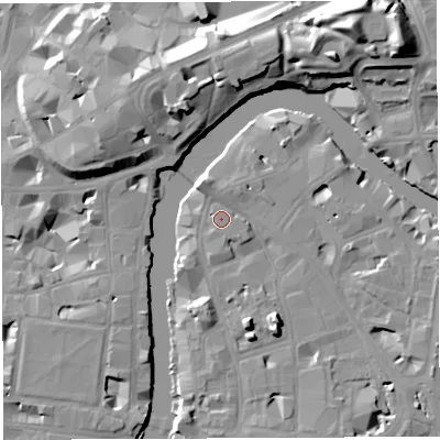 Shaded relief map of the ground around BS16NP, computed from Environment Agency LiDAR. The ground here sits at about 10 m above sea level and falls 19 m across the surrounding 800 m. Surface water reaching this point runs off ground lying to the south-east, 1.1 m higher.