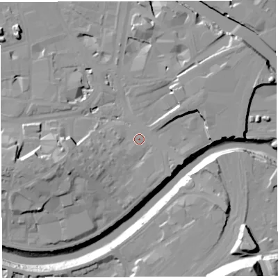 Shaded relief map of the ground around BS16PL, computed from Environment Agency LiDAR. The ground here sits at about 10 m above sea level and falls 38 m across the surrounding 800 m. Surface water reaching this point runs off ground lying to the east-south-east, 2.8 m higher.