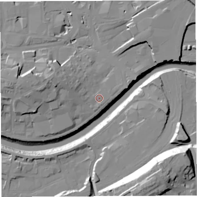Shaded relief map of the ground around BS16PR, computed from Environment Agency LiDAR. The ground here sits at about 9 m above sea level and falls 46 m across the surrounding 800 m. Surface water reaching this point runs off ground lying to the west-north-west, 9.1 m higher.